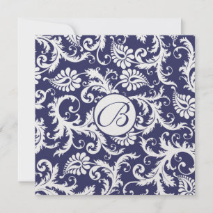 Convites Monogram Navy Damask Swirls Wedding Invitation