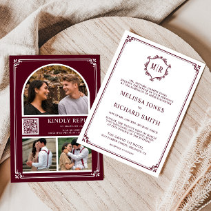 Convites Monogram QR Code Photo Collage Burgundy Wedding