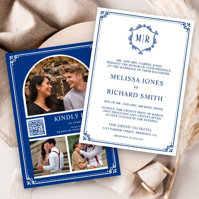 Convites Monogram QR Code Photo Collage Royal Blue Wedding (Criador carregado)
