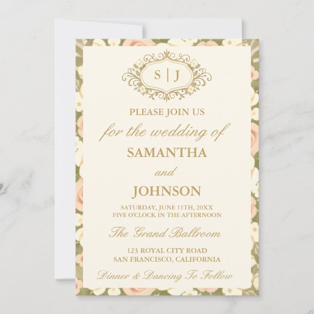 Convites Monogram Vintage Ivory Wedding Invitation (Frente)