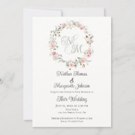 Convites Monogram Watercolor Floral Wreath Wedding
