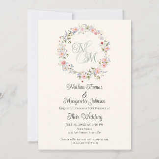 Convites Monogram Watercolor Floral Wreath Wedding