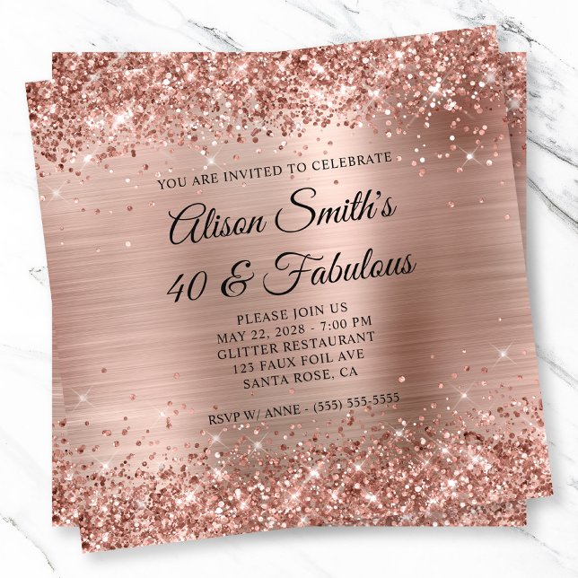 Convites Monograma 40 e fabuloso de folha Rosa dourada (Glittery Rose Gold Foil Monogram 40 & Fabulous Invitation)