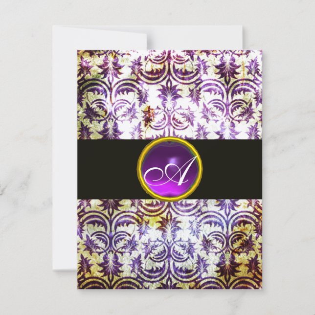 Convites MONOGRAMA ANTIGO DAMASK, roxo branco preto, ouro (Frente)