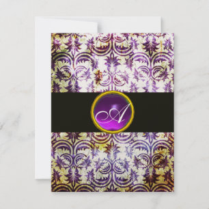 Convites MONOGRAMA ANTIGO DAMASK, roxo branco preto, ouro