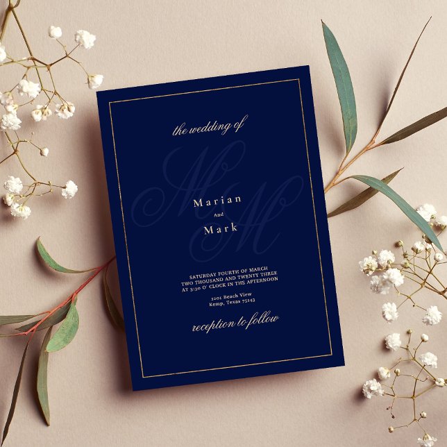Convites Monograma azul simples marinho monograma (Simple navy blue gold monogram initials Wedding )