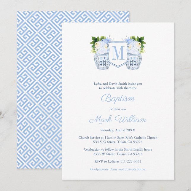 Convites Monograma Blue E White Baby Boy Christening (Frente/Verso)