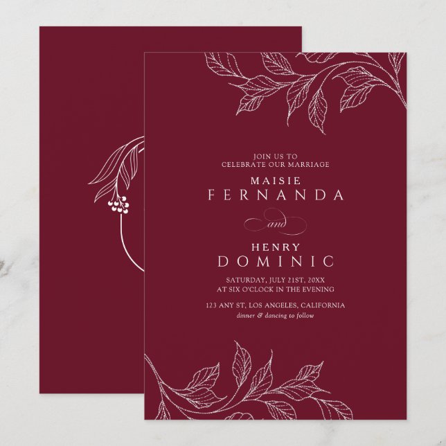 Convites Monograma Botânico Borgonha Casamento Moderno (Frente/Verso)