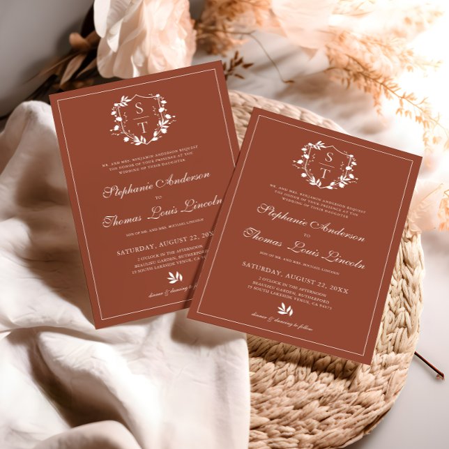 Convites Monograma Botânico Crest Terracotta Casamento (Criador carregado)