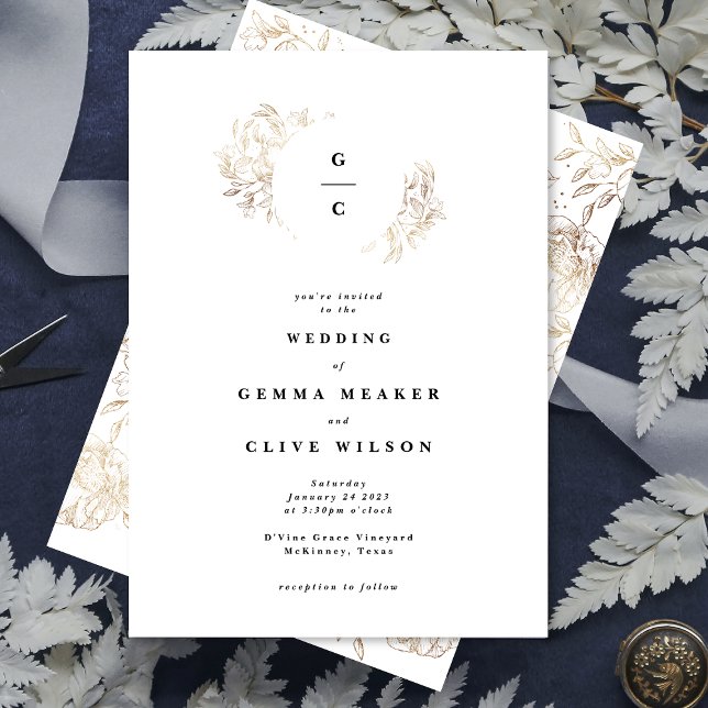 Convites Monograma Botânico Redesenhado à Mão Branco Elegan (Criador carregado)