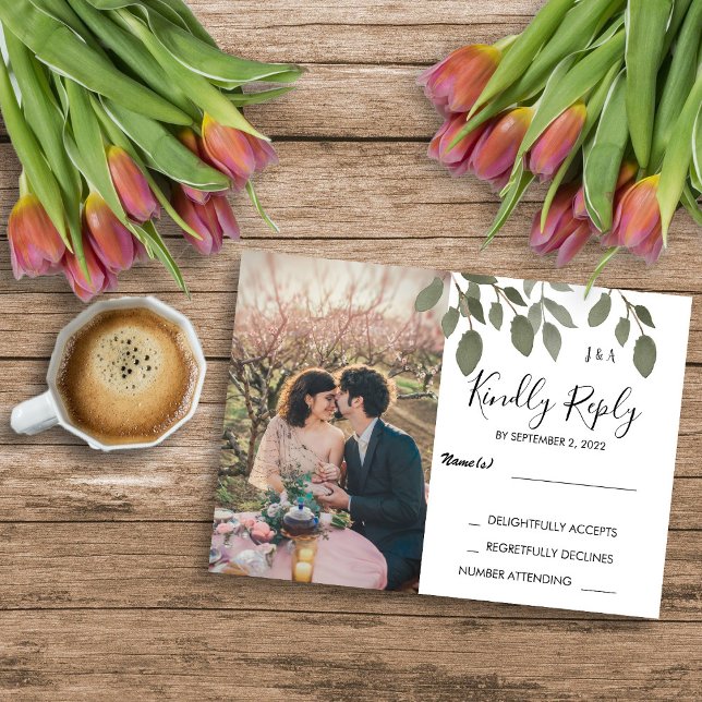 Convites Monograma botânico russo Fotografia Casada RSVP (Rustic botanical monogrammed. photo Wedding RSVP Invitation)
