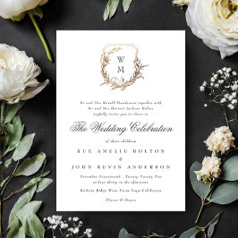 Convites monograma branco clássico preto, crista de ouro de