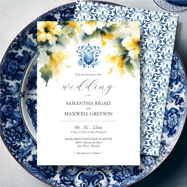Convites Monograma Casamento Azul e Amarelo (Elegant wedding invitations feature watercolor blue crest with yellow hibiscus flowers)