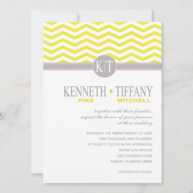 Convites Monograma Chevron Amarelo de Casamento Mitchell (Frente)