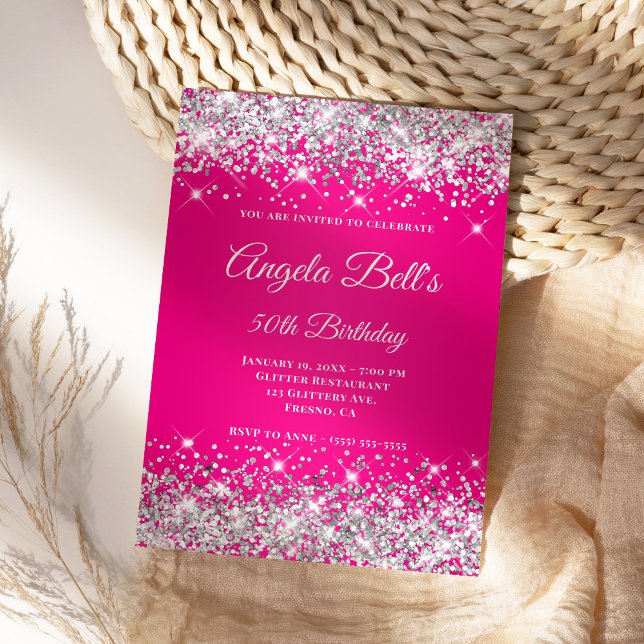 Convites Monograma Chique com Brilho Prateado e Ombre Rosa  (Create your own hot pink birthday invite for her.)