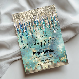 Convites Monograma chique com pingos de glitter azul-turque