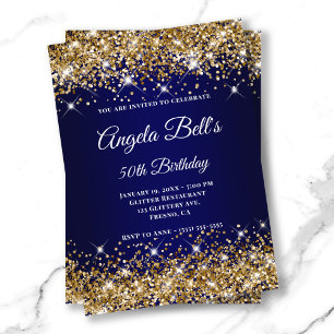 Convites Monograma Chique Glitter Dourado Azul Naval Ombre