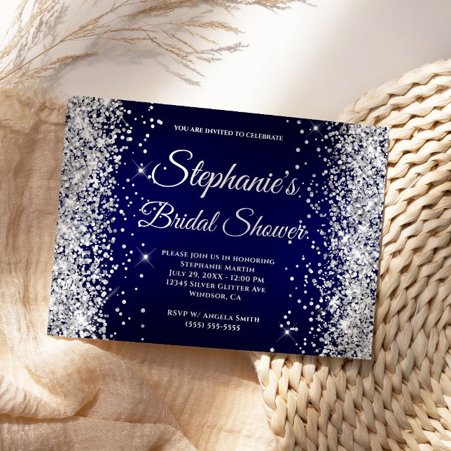 Convites Monograma Chique Gradiente Azul-Marinho Brilho Pra (Modern navy and faux silver glitter Bridal Shower invite.)