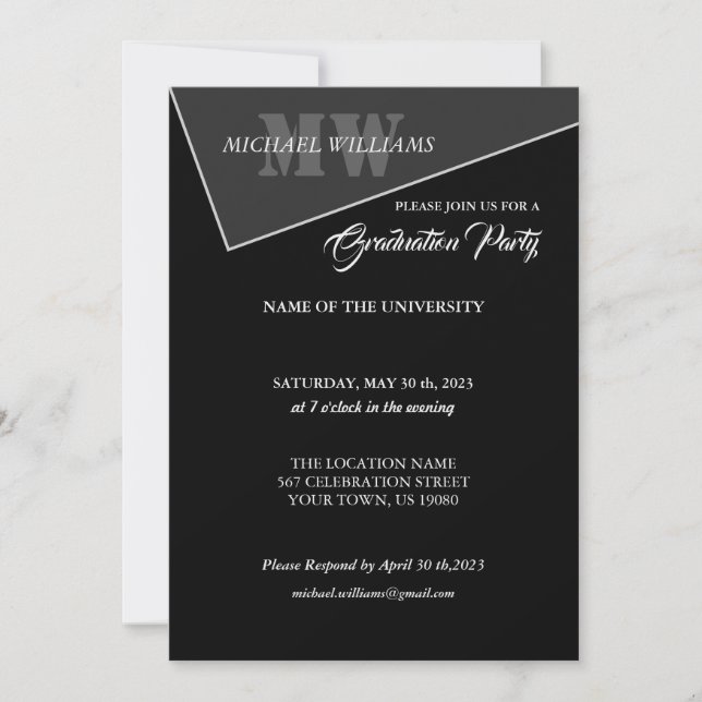 Convites Monograma Cinza Preto Artístico Moderno (Frente)