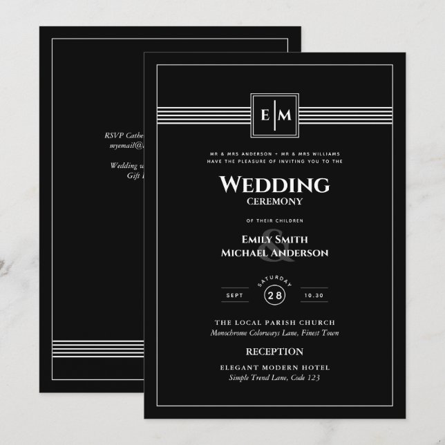Convites Monograma clássico Casamento formal tudo em um pre (Frente/Verso)