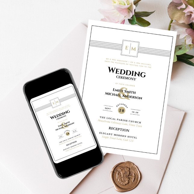 Convites Monograma clássico de Casamento Formal Branco Tudo (Criador carregado)