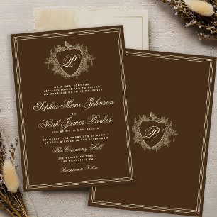 Convites Monograma clássico de crista brown casamento