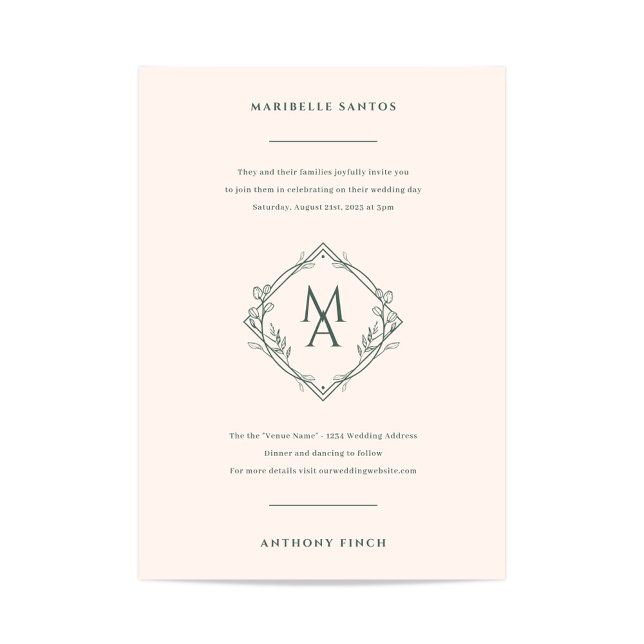 Convites Monograma com Flores e Casamento Evergreen (Diamond Monogram Wedding Invitation in Sage Green and Ivory)