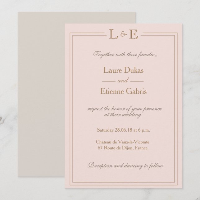 Convites Monograma, cor-de-rosa, rosa, cinza, casamento mod (Frente/Verso)