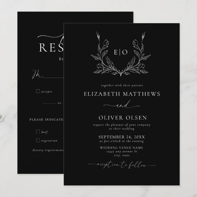 Convites Monograma Crest | Casamento Moderno Minimalista (Frente/Verso)