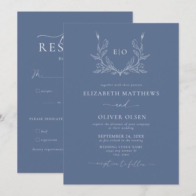 Convites Monograma Crest | Casamento Moderno Minimalista (Frente/Verso)