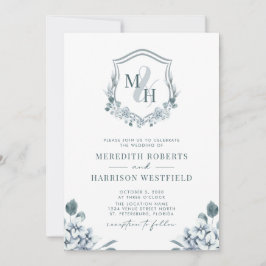 Convites Monograma Crest Código QR Dusty Blue Floral Casame