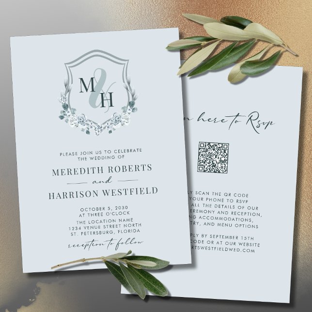 Convites Monograma Crest Código QR RSVP Dusty Casamento Azu (Double Sided Wedding Invitation Elegant Monogram Crest QR Code Dusty Blue)