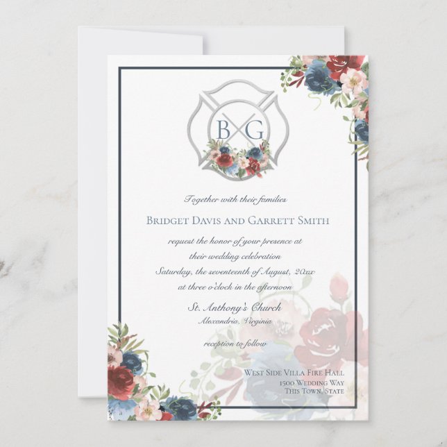 Convites Monograma da Burgundy e da Voz Floral Azul (Frente)