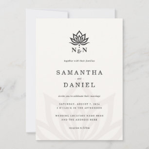 Convites Monograma da flor de lótus elegante marfim neutro 