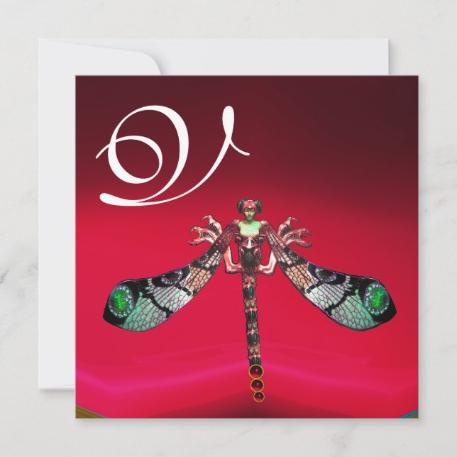 Convites MONOGRAMA DA MULHER DRAGONFLY, ouro borrado vermel (Frente)