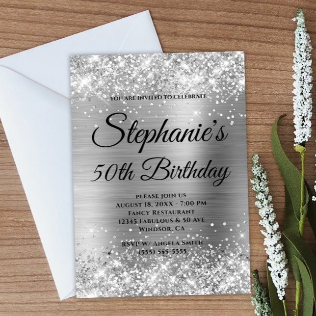 Convites Monograma da Rico de prata e folheto (Create your own silvery glitter and foil artwork birthday invite.)