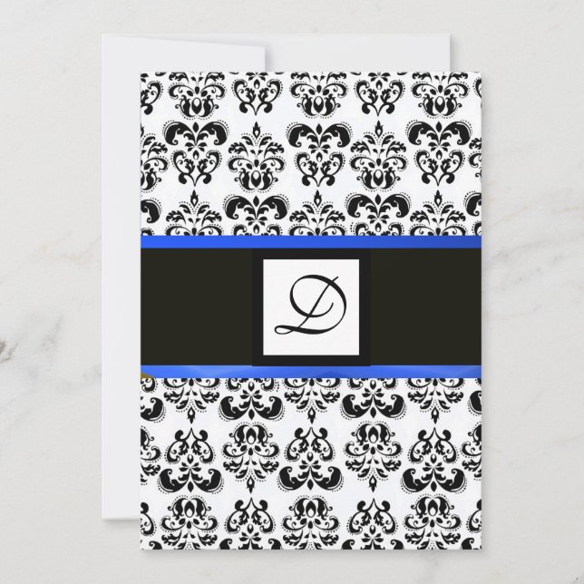 Convites MONOGRAMA DAMASCO,preto e branco,azul (Frente)