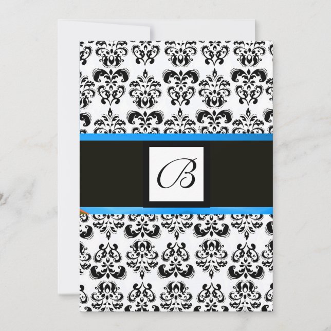 Convites MONOGRAMA DAMASCO, preto e branco, azul (Frente)