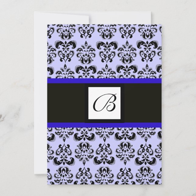 Convites MONOGRAMA DAMASCO,preto e branco,azul (Frente)