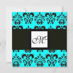 Convites MONOGRAMA DAMASCO, preto e branco, azul turquesa