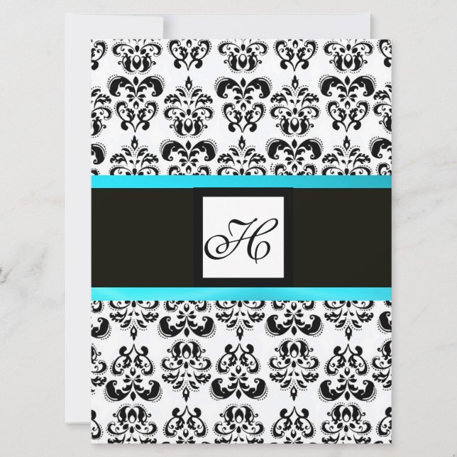 Convites MONOGRAMA DAMASCO, preto e branco, azul turquesa (Frente)