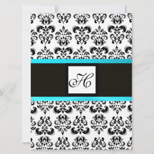 Convites MONOGRAMA DAMASCO, preto e branco, azul turquesa