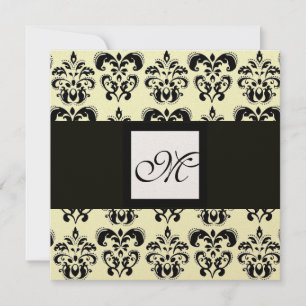 Convites MONOGRAMA DAMASCO,preto e branco,metálico dourado
