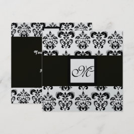 Convites MONOGRAMA DAMASCO,preto e branco,metálico prateado