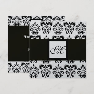 Convites MONOGRAMA DAMASCO,preto e branco,metálico prateado