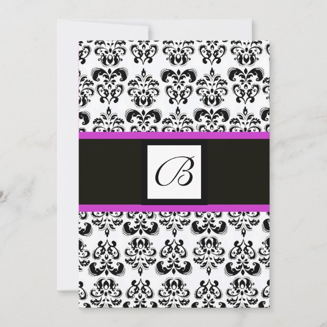 Convites MONOGRAMA DAMASCO, preto e branco, rosa roxo (Frente)