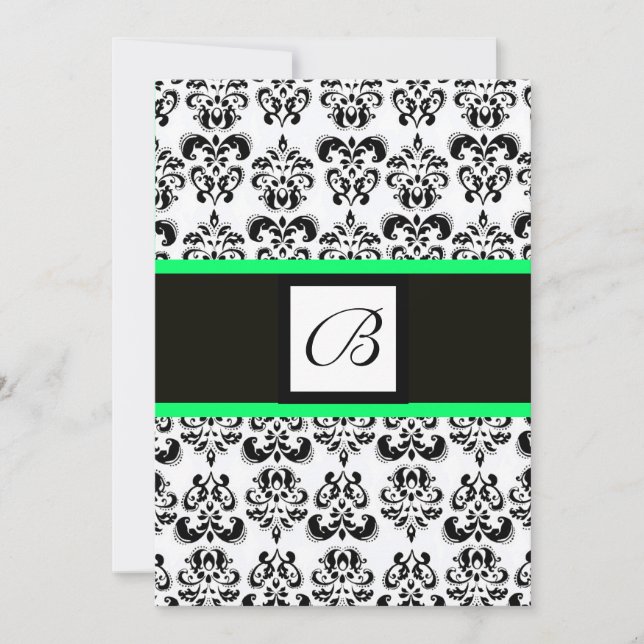 Convites MONOGRAMA DAMASCO, preto e branco, verde (Frente)