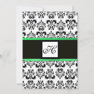 Convites MONOGRAMA DAMASCO, preto e branco, verde esmeralda