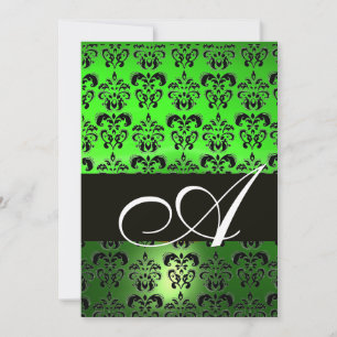 Convites MONOGRAMA DAMASCO VERDE PRETO, branco brilhante