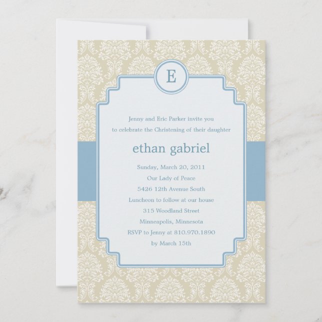 Convites Monograma Damask Baptism/Christening Invite - Azul (Frente)